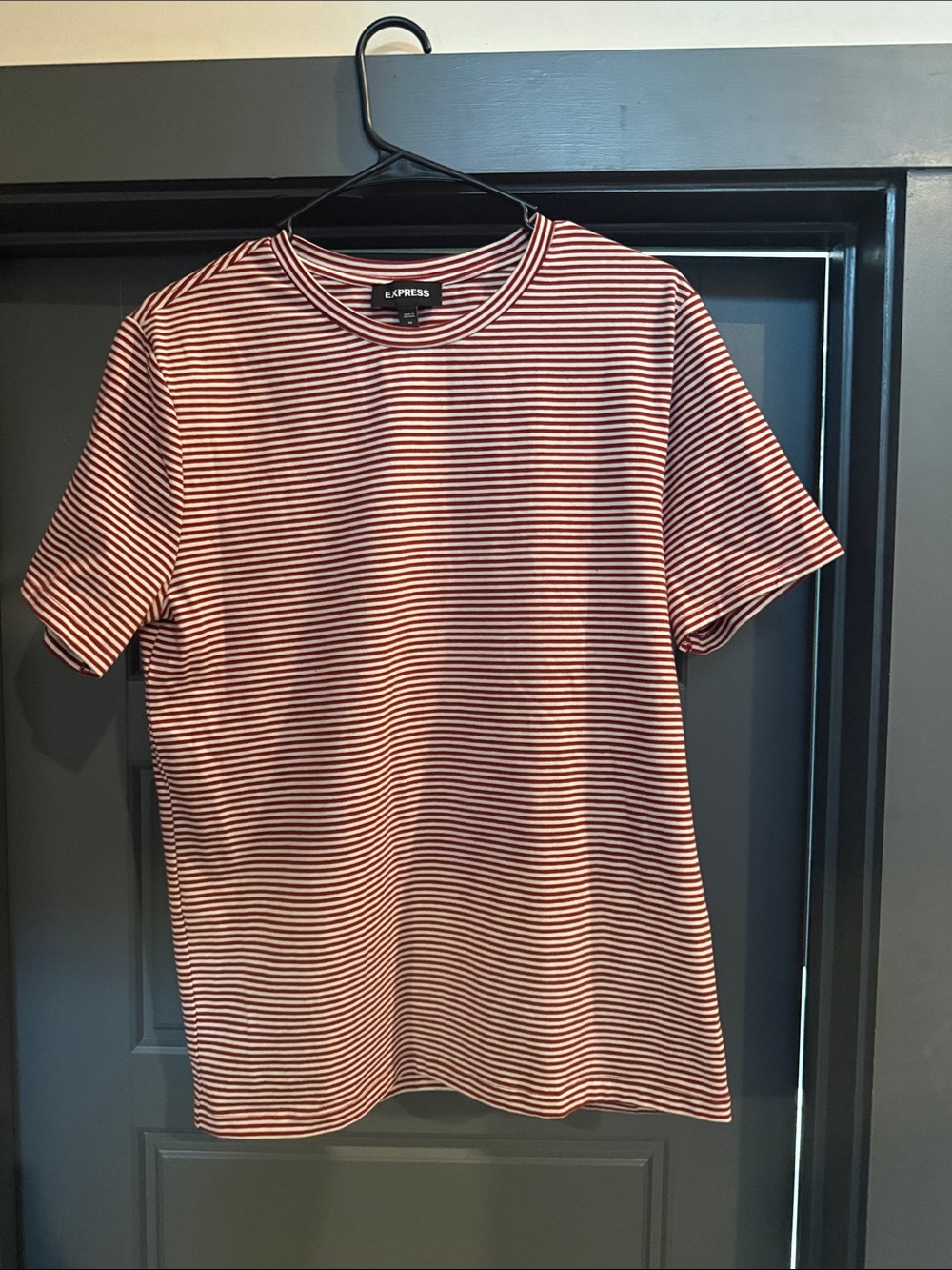 Express Burgundy and White Narrow Stripe Short Sleeve Tee